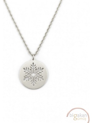 Bigakan  Madalyon Kar Tanesi Kolye 925 Ayar Gümüş 45 cm Kadın Beyaz Renk