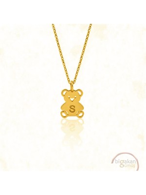 Bigakan  Tatlı S Minik Harf Ayıcık Kolye 925 Ayar Gümüş 45 cm Kadın Altın Kaplama