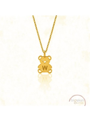 Bigakan  Zarif Minik W Harf Ayıcık Kolye 925 Ayar Gümüş 45 cm Kadın Altın Kaplama