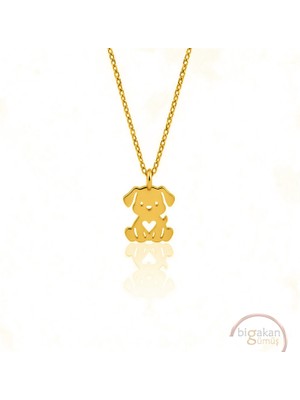 Bigakan  Sevimli Kalpli Köpek Kolyesi 925 Ayar Gümüş 45 cm Kadın Altın Kaplama