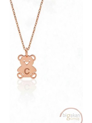 Bigakan  Kalpli Minik Harf Ayıcık Kolye 925 Ayar Gümüş 45 cm Kadın Rose Kaplama