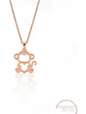 Bigakan  Elinde Kalp Tutuan Maymuncuk Kolye 925 Ayar Gümüş 45 cm Kadın Rose Kaplama
