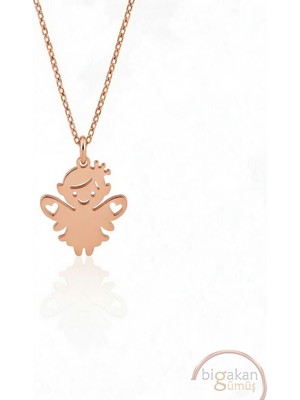 Bigakan  Tatlı Peri Kolyesi Kalpli Kanatlı Taçlı Gümüş KOLYE925 Ayar Gümüş 45 cm Kadın Rose Kaplama