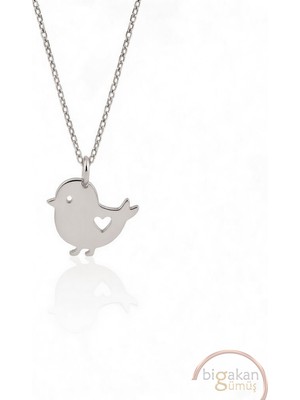 Bigakan  Sevimli Kalp Serçe Kuş Kolyesi 925 Ayar Gümüş 45 cm Kadın Beyaz Renk