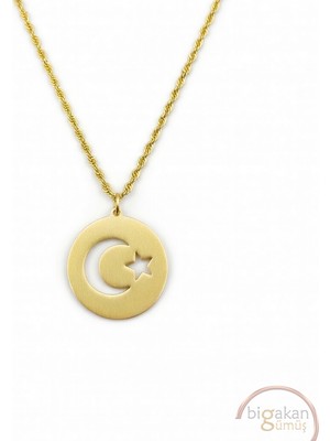 Bigakan  Madalyon Ay Yıldız Kolye 925 Ayar Gümüş 45 cm Kadın Altın Kaplama