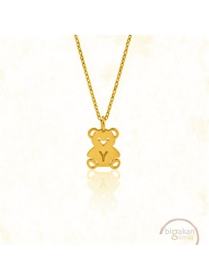 Bigakan  Zarif Minik Y Harf Ayıcık Kolye 925 Ayar Gümüş 45 cm Kadın Altın Kaplama