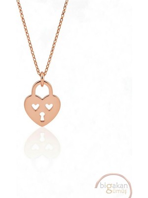 Bigakan  Kilitli Kalp Kolyesi 925 Ayar Gümüş 45 cm Kadın Rose Kaplama