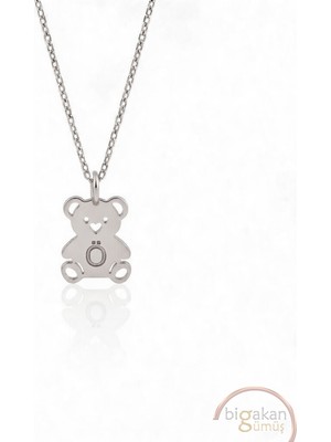 Bigakan  Gümüş Kalpli Ayıcık Figürlü Kolye 925 Ayar Gümüş 45 cm Kadın Beyaz Renk