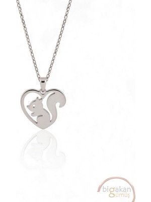 Bigakan  Yavru Sincap Kalpli Kolye 925 Ayar Gümüş 45 cm Kadın Beyaz Renk