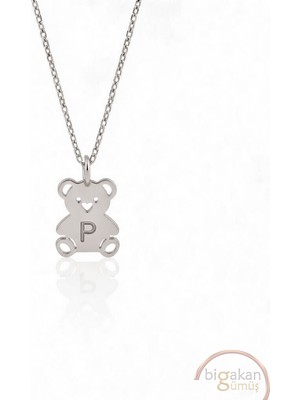 Bigakan  Zarif Minik P Harf Ayıcık Kolye 925 Ayar Gümüş 45 cm Kadın Beyaz Renk