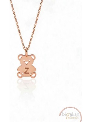 Bigakan  Tatlı Minik Harf Ayıcık Kolye 925 Ayar Gümüş 45 cm Kadın Rose Kaplama