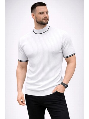 Erkek Fitilli Triko Dokuma Kısa Kol Tişört Yarım Boğaz Modern Yazlık T-Shirt - Beyaz