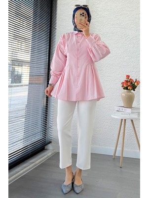 RFK Butik Kadın Premium Pens Detaylı Poplin Gömlek Tunik - Pembe