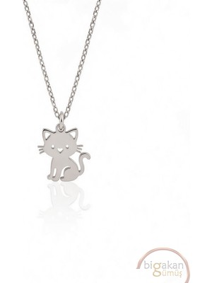 Bigakan  Neşeli Kedi Figürlü Kolye Zarif Ince Kibar KOLYE925 Ayar Gümüş 45 cm Kadın Beyaz Renk