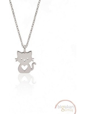 Bigakan  Yavru Kedi Kolye Kalpli Sevgi Kolyesi Şık  TATLI925 Ayar Gümüş 45 cm Kadın Beyaz Renk