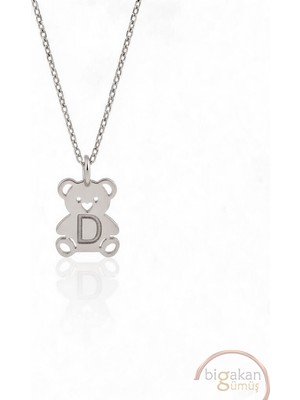 Bigakan  Zarif D Minik Harf Ayıcık Kolye 925 Ayar Gümüş 45 cm Kadın Beyaz Renk