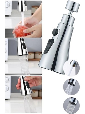 Esranın Dünyası Yeni Plastik Krom Kaplama 3 Fonksiyonlu 360 Derece Hareketli Mutfak Lavabo Bataryası Başlığı