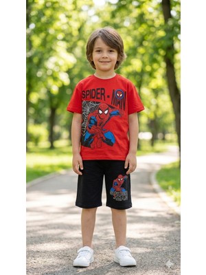 Spider-Man Baskılı Erkek Çocuk Şortlu Takım - Kırmızı Pamuklu Tişört ve Siyah Şort Ikili Set