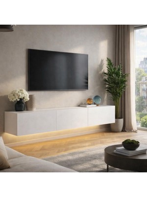 %100 Mdf Tv Ünitesi-Düşer Kapaklı Tv ÜNITESI-BEYAZ-160 cm