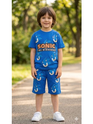 Sonic Karakterli Erkek Çocuk Yazlık Takım - Kısa Kollu Tişört & All-Over Baskılı Şort Kombini