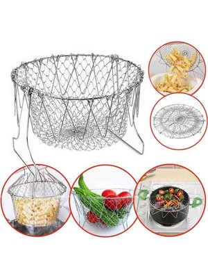 Practika 24 cm Katlanır Chef Basket Çok Fonksiyonlu Süzgeç - Çelik Kızartma Haşlama Aparatı