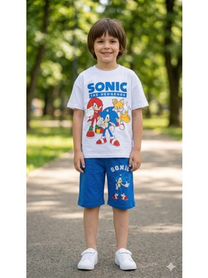 Sonic Karakterli Erkek Çocuk Yazlık Takım - Kısa Kollu Tişört & All-Over Baskılı Şort Kombini