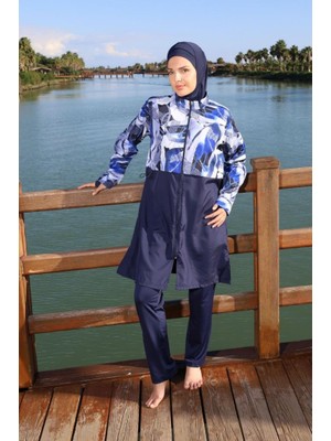 Estiva 26977 Lacivert  Blue Motion Tam Kapalı Croplu Pantolonlu Tesettür Mayo