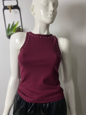 ANS Zımba Detay Bordo Kolsuz Body