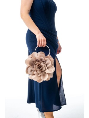 Gustello Mila | Gümüş Metal Yuvarlak Saplı Gül Çiçek Tasarım Abiye Çanta - Düğün Nişan Şık Gece Çantası