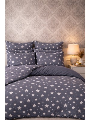 More Home  Çift Kişilik Yorgan Kılıfı + Yastık Kılıfı  (Çarşafsız) Yıldızlı Gri Beyaz