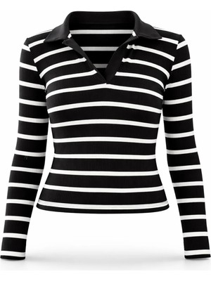 5in1Canpolat Siyah Polo Yaka Çizgili Uzun Kol Bluz 0007