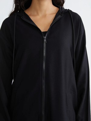LC Waikiki Siyah Kapüşonlu Oversize Kadın Tunik