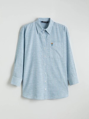 LC Waikiki Yeşil Çizgili Oversize Poplin Kadın Gömlek Tunik