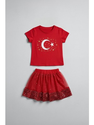 Perendi Kız Çocuk Türk Bayrak Baskılı Pul Payetli Etekli Takım