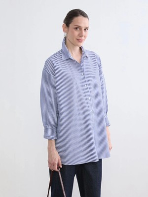LC Waikiki Mavi Çizgili Oversize Poplin Kadın Gömlek Tunik