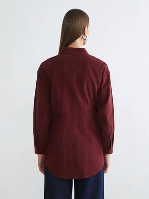 LC Waikiki Bordo Beli Kuşaklı Kadın Kadife Gömlek Tunik