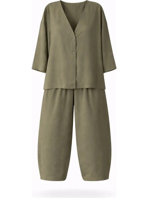 5in1Canpolat Haki V Yaka Düğmeli Ikili Takım 858