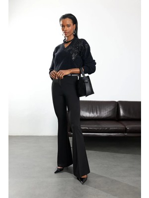 5in1Canpolat Siyah Kemerli Likralı Ispanyol Kumaş Pantolon 2076