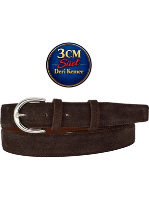 GoDeri Hakiki Deri, 3 cm Gümüş Renk Tokalı, Koyu Kahverengi Süet, Dikişli Klasik Kadın Kemeri, 3CMKLA01
