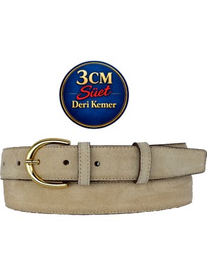 GoDeri Hakiki Deri, 3 cm Gold Renk Tokalı, Krem Süet, Dikişli Klasik Kadın Kemeri, 3CMKLA02