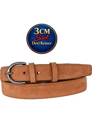 GoDeri Hakiki Deri, 3 cm Siyah Nikel Renk Tokalı, Tarçın Süet, Dikişli Klasik Kadın Kemeri, 3CMKLA03