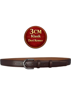 GoDeri Hakiki Deri, 3 cm Siyah Nikel Renk Tokalı, Koyu Kahverengi, Dikişli Klasik Kadın Kemeri, 3CMKLA21