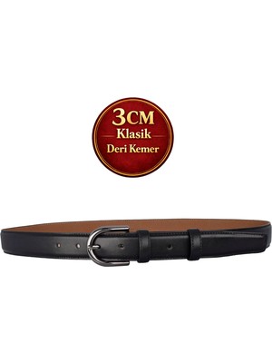 GoDeri Hakiki Deri, 3 cm Siyah Nikel Renk Tokalı, Siyah, Dikişli Klasik Kadın Kemeri, 3CMKLA21
