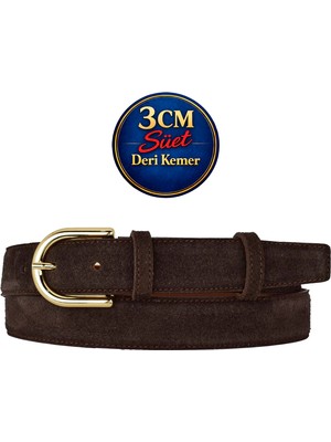 GoDeri Hakiki Deri, 3 cm Gold Renk Tokalı, Koyu Kahverengi Süet, Dikişli Klasik Kadın Kemeri, 3CMKLA22