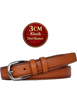 GoDeri Hakiki Deri, 3 cm Siyah Nikel Renk Tokalı, Taba, Dikişli Klasik Kadın Kemeri, 3CMKLA30