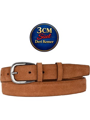 GoDeri Hakiki Deri, 3 cm Siyah Nikel Renk Tokalı, Tarçın Süet, Dikişli Klasik Kadın Kemeri, 3CMKLA30