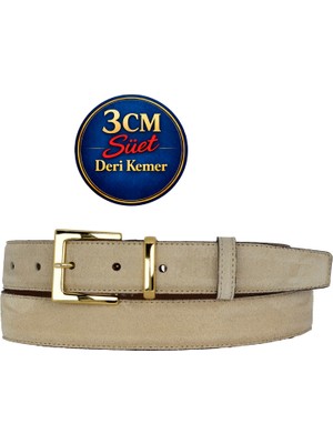 GoDeri Hakiki Deri, 3 cm Gold Renk Takım Tokalı, Krem Süet, Dikişli Klasik Kadın Kemeri, 3CMKLA47