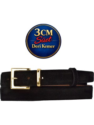 GoDeri Hakiki Deri, 3 cm Gold Renk Takım Tokalı, Siyah Süet, Dikişli Klasik Kadın Kemeri, 3CMKLA47
