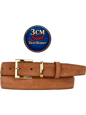 GoDeri Hakiki Deri, 3 cm Gold Renk Takım Tokalı, Tarçın Süet, Dikişli Klasik Kadın Kemeri, 3CMKLA47