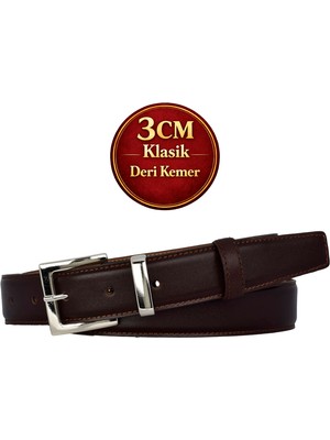 GoDeri Hakiki Deri, 3 cm Gümüş Renk Takım Tokalı, Koyu Kahverengi, Dikişli Klasik Kadın Kemeri, 3CMKLA48